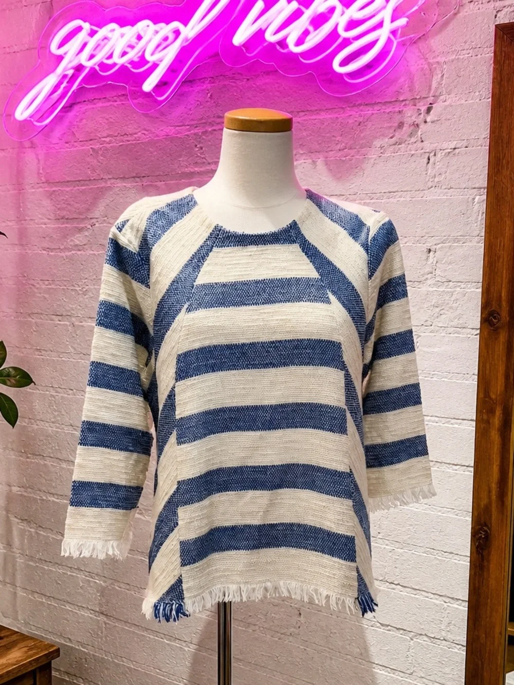 Zara Basic Collection Women’s M Blue Cream Striped Fringe Woven Pullover Top